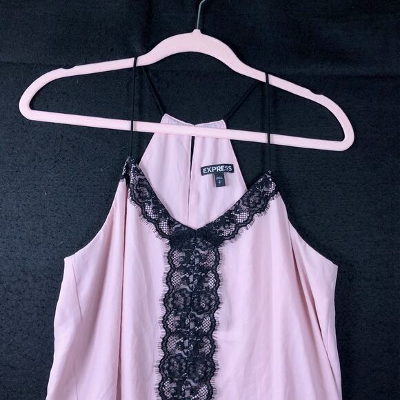 Express Womens Blouse Pink Black Lace V Neck Sleeveless Tank Keyhole Back Small - Picture 2 of 12